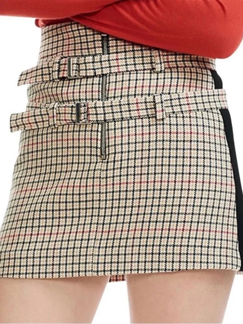 Maje Belted Buckle Plaid Print Skirt with Built in Shorts, 38 / Medium
